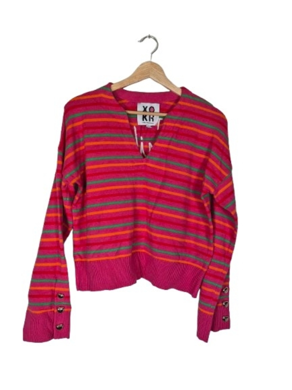 XO KR Kerri Rosenthal Pink Stripe V-Neck Sweater Heart Button Cuffs S